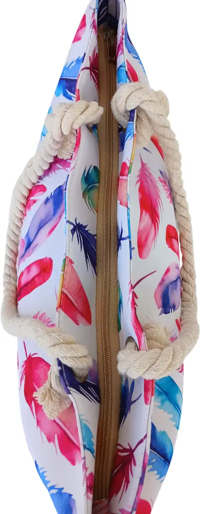 Sac de plage épaulière corde souple (Plumes roses et bleus)