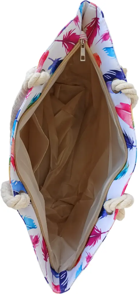 Sac de plage épaulière corde souple (Plumes roses et bleus)