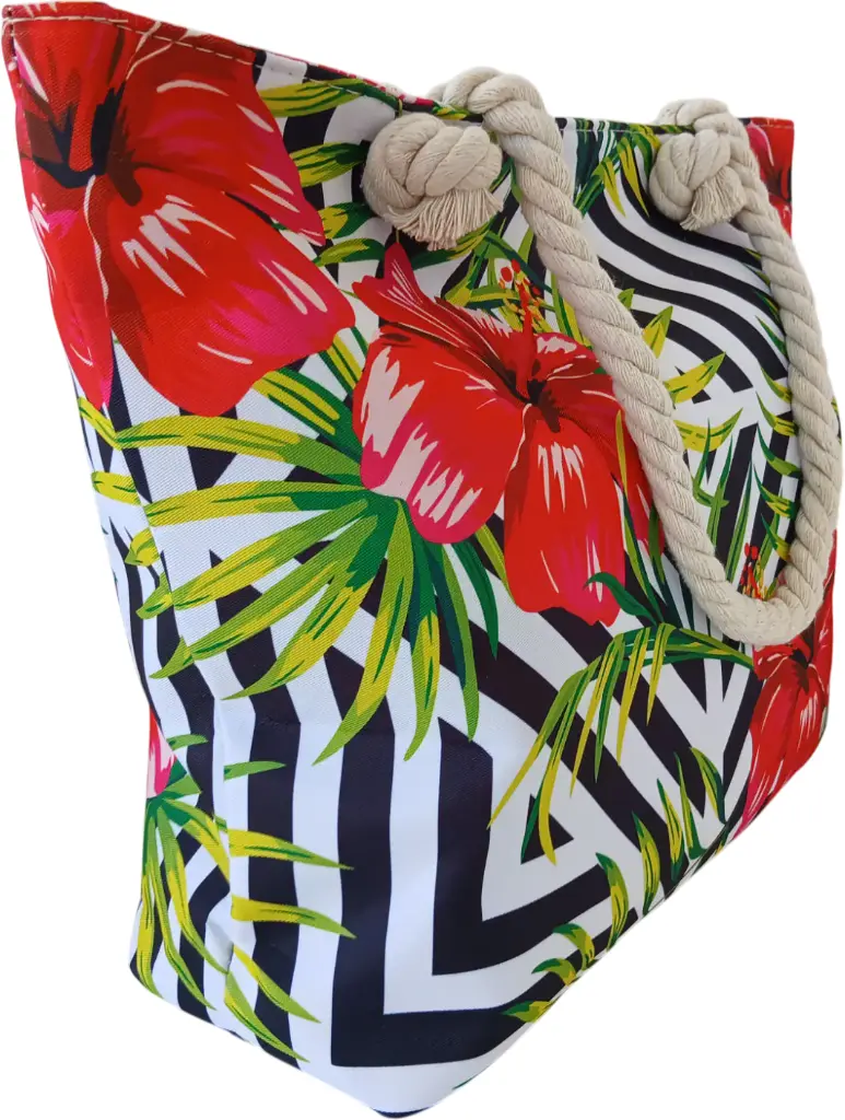 Sac de plage épaulière corde souple (Roses et motif traçage)