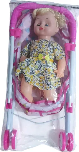Poupée avec poussette métallique